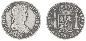 Moneda virreinal. Fernando VII. 8 Reales. 1825. J.L (José Antonio de Sierra y Leandro Ozio). Potosí. Anv: Busto de Fernando VII mirando hacia la derec...