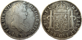 Moneda virreinal. Fernando VII. 8 Reales.1825. J.L (José Antonio de Sierra y Leandro Ozio). Potosí. Anv: Busto de Fernando VII mirando hacia la derech...