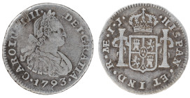 Moneda virreinal. Carlos IV. ½ Real. 1793. I.J (Ignacio Zenón Gálvez y Juan Martínez de Rosas). Lima. Anv: Busto de Carlos IIII mirando hacia la derec...