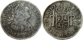 Moneda virreinal. Carlos IV. 1 Real. 1792. I.J (Ignacio Zenón Gálvez y Juan Martínez de Rosas). Lima. Anv: Busto de Carlos IV mirando hacia la derecha...