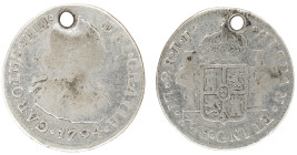 Moneda virreinal. Carlos IV. 2 Reales. 1794. I.J (Ignacio Zenón Gálvez y Juan Martínez de Rosas). Lima. Anv: Busto de Carlos IV mirando hacia la derec...