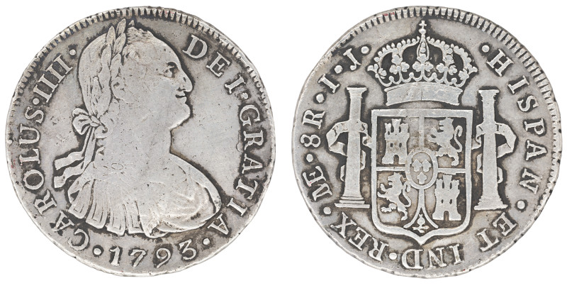 Moneda virreinal. Carlos IV. 8 Reales. 1793. I.J (Ignacio Zenón Gálvez y Juan Ma...