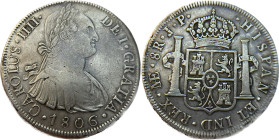 Moneda virreinal. Carlos IV. 8 Reales. 1806. J.P (Juan Martínez de Rosas y Pablo Cano Melgarejo). Lima. Anv: Busto de Carlos IV mirando hacia la derec...
