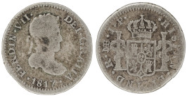 Moneda virreinal. Fernando VII. ½ Real. 1817. J.P (Juan Martínez de Rosas y Pablo Cano Melgarejo). Lima. Anv: Busto de Fernando VII mirando hacia la d...