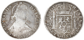 Moneda virreinal. Fernando VII. 8 Reales. 1811. J.P (Juan Martínez de Rosas y Pablo Cano Melgarejo). Lima. Anv: Busto de imaginario de Fernando VII mi...