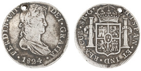 Moneda virreinal. Fernando VII. 8 Reales. 1824. G (Gregorio Carril). Cuzco. Anv: Busto de Fernando VII mirando hacia la derecha; FERDIN · VII · DEI · ...