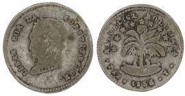 Moneda Republicana. Bolivia. ½ Sol. 1856. P. La Paz. Anv: Busto del Libertador Simón Bolívar mirando hacia la izquierda; BOLIVAR / LIBRE POR LA / CONS...