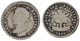 Moneda Republicana. Bolivia. 1 Sol. 1855. F. La Paz. Anv: Busto del Libertador Simón Bolívar mirando hacia la izquierda; BOLIVAR / LIBRE POR LA / CONS...