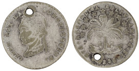 Moneda Republicana. Bolivia. 1 Sol. 1856. P. La Paz. Anv: Busto del Libertador Simón Bolívar mirando hacia la izquierda; BOLIVAR / LIBRE POR LA / CONS...