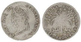 Moneda Republicana. Bolivia. 4 Soles. 1856. P. La Paz. Anv: Busto del Libertador Simón Bolívar mirando hacia la izquierda; BOLIVAR / LIBRE POR LA / CO...