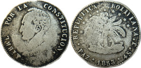 Moneda Republicana. Bolivia. 4 Soles. 1853. J. La Paz. Anv: Busto del Libertador Simón Bolívar mirando hacia la izquierda; BOLIVAR / LIBRE POR LA / CO...