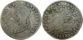 Moneda Republicana. Bolivia. 4 Soles. 1854. F. La Paz. Anv: Busto del Libertador Simón Bolívar mirando hacia la izquierda; BOLIVAR / LIBRE POR LA / CO...
