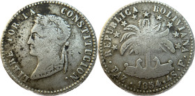 Moneda Republicana. Bolivia. 4 Soles. 1854. F. La Paz. Anv: Busto del Libertador Simón Bolívar mirando hacia la izquierda; BOLIVAR / LIBRE POR LA / CO...