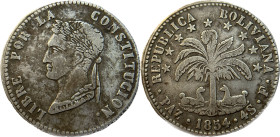 Moneda Republicana. Bolivia. 4 Soles. 1854. F. La Paz. Anv: Busto del Libertador Simón Bolívar mirando hacia la izquierda; BOLIVAR / LIBRE POR LA / CO...