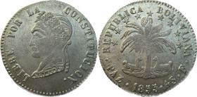 Moneda Republicana. Bolivia. 4 Soles. 1855. F. La Paz. Anv: Busto del Libertador Simón Bolívar mirando hacia la izquierda; BOLIVAR / LIBRE POR LA / CO...