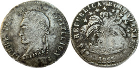 Moneda Republicana. Bolivia. 4 Soles. 1855. F. La Paz. Anv: Busto del Libertador Simón Bolívar mirando hacia la izquierda; BOLIVAR / LIBRE POR LA / CO...