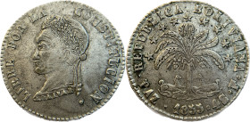 Moneda Republicana. Bolivia. 4 Soles. 1855. F. La Paz. Anv: Busto del Libertador Simón Bolívar mirando hacia la izquierda; BOLIVAR / LIBRE POR LA / CO...
