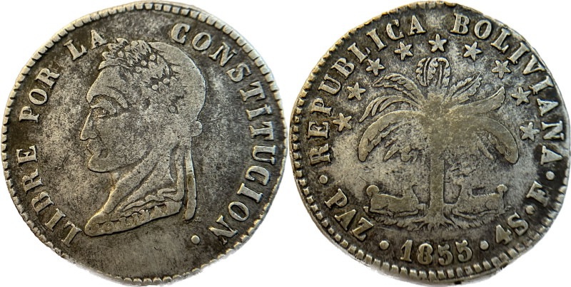 Moneda Republicana. Bolivia. 4 Soles. 1855. F. La Paz. Anv: Busto del Libertador...