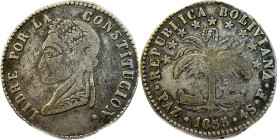 Moneda Republicana. Bolivia. 4 Soles. 1855. F. La Paz. Anv: Busto del Libertador Simón Bolívar mirando hacia la izquierda; BOLIVAR / LIBRE POR LA / CO...