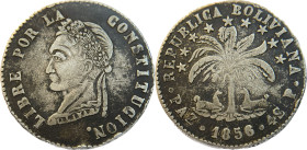 Moneda Republicana. Bolivia. 4 Soles. 1856. P. La Paz. Anv: Busto del Libertador Simón Bolívar mirando hacia la izquierda; BOLIVAR / LIBRE POR LA / CO...