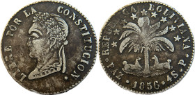 Moneda Republicana. Bolivia. 4 Soles. 1856. P. La Paz. Anv: Busto del Libertador Simón Bolívar mirando hacia la izquierda; BOLIVAR / LIBRE POR LA / CO...