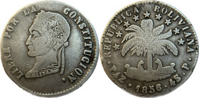 Moneda Republicana. Bolivia. 4 Soles. 1856. P. La Paz. Anv: Busto del Libertador Simón Bolívar mirando hacia la izquierda; BOLIVAR / LIBRE POR LA / CO...