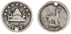 Moneda Republicana. Bolivia. ¼ Sol. 1852. Potosí. Anv: Monte y llama, arriba 9 estrellas, abajo 1851. // Rev: una llama hacia derecha; POTOSÍ. Ag. 0,7...