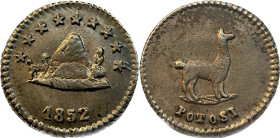 Moneda Republicana. Bolivia. ¼ Sol. 1852. Potosí. Anv: Monte y llama, arriba 9 estrellas, abajo 1851. // Rev: una llama hacia derecha; POTOSÍ. Ag. 0,9...