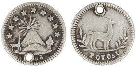 Moneda Republicana. Bolivia. ¼ Sol. 1853. Potosí. Anv: Llama a la derecha, ramitas y ceca abajo. // Rev: Montes con llama a la izquierda. Ag. 0,80 gr....