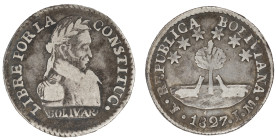 Moneda Republicana. Bolivia. ½ Sol. 1827. J.M. Potosí. Anv: Busto del Libertador Simón Bolívar mirando hacia la derecha; LIBRE POR LA / CONSTITUC / BO...