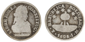 Moneda Republicana. Bolivia. ½ Sol. 1828. J.M. Potosí. Anv: Busto del Libertador Simón Bolívar mirando hacia la derecha; LIBRE POR LA / CONSTITUC / BO...