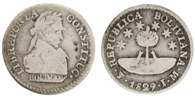 Moneda Republicana. Bolivia. ½ Sol. 1829. J.M. Potosí. Anv: Busto del Libertador Simón Bolívar mirando hacia la derecha; LIBRE POR LA / CONSTITUC / BO...