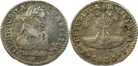 Moneda Republicana. Bolivia. ½ Sol. 1830. J. Potosí. Anv: Busto del Libertador Simón Bolívar mirando hacia la derecha; LIBRE POR LA / CONSTITUC / BOLI...