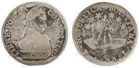 Moneda Republicana. Bolivia. ½ Sol. 1830. J. Potosí. Anv: Busto del Libertador Simón Bolívar mirando hacia la derecha; LIBRE POR LA / CONSTITUC / BOLI...