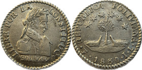 Moneda Republicana. Bolivia. ½ Sol. 1830. J.L. Potosí. Anv: Busto del Libertador Simón Bolívar mirando hacia la derecha; LIBRE POR LA / CONSTITUC / BO...