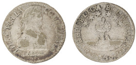 Moneda Republicana. Bolivia. ½ Sol. 1830. J.L. Potosí. Anv: Busto del Libertador Simón Bolívar mirando hacia la derecha; LIBRE POR LA / CONSTITUC / BO...