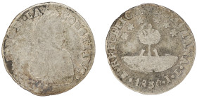 Moneda Republicana. Bolivia. ½ Sol. 1830. J.L. Potosí. Anv: Busto del Libertador Simón Bolívar mirando hacia la derecha; LIBRE POR LA / CONSTITUC / BO...