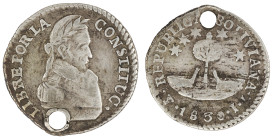 Moneda Republicana. Bolivia. ½ Sol. 1830. J.L. Potosí. Anv: Busto del Libertador Simón Bolívar mirando hacia la derecha; LIBRE POR LA / CONSTITUC / BO...