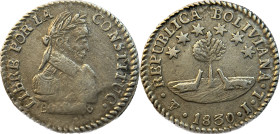 Moneda Republicana. Bolivia. ½ Sol. 1830. J.L. Potosí. Anv: Busto del Libertador Simón Bolívar mirando hacia la derecha; LIBRE POR LA / CONSTITUC / BO...