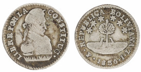Moneda Republicana. Bolivia. ½ Sol. 1830. J.L. Potosí. Anv: Busto del Libertador Simón Bolívar mirando hacia la derecha; LIBRE POR LA / CONSTITUC / BO...