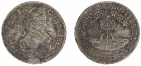 Moneda Republicana. Bolivia. ½ Sol. 1830. J.L. Potosí. Anv: Busto del Libertador Simón Bolívar mirando hacia la derecha; LIBRE POR LA / CONSTITUC / BO...