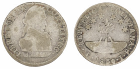 Moneda Republicana. Bolivia. ½ Sol. 1830. J.L. Potosí. Anv: Busto del Libertador Simón Bolívar mirando hacia la derecha; LIBRE POR LA / CONSTITUC / BO...