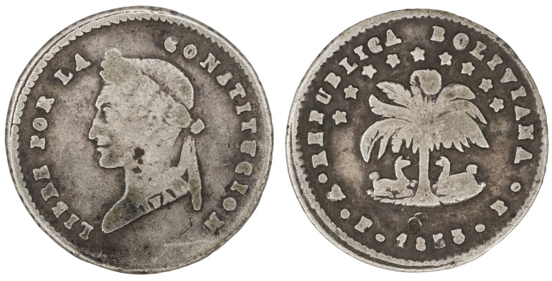 Moneda Republicana. Bolivia. ½ Sol. 1853. F.P. Potosí. Anv: Busto del Libertador...