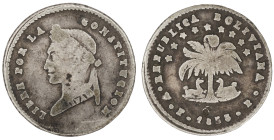 Moneda Republicana. Bolivia. ½ Sol. 1853. F.P. Potosí. Anv: Busto del Libertador Simón Bolívar mirando hacia la izquierda; BOLIVAR / LIBRE POR LA / CO...