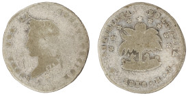 Moneda Republicana. Bolivia. ½ Sol. 1856. M.J. Potosí. Anv: Busto del Libertador Simón Bolívar mirando hacia la izquierda; BOLIVAR / LIBRE POR LA / CO...
