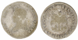 Moneda Republicana. Bolivia. ½ Sol. 1857. F.J. Potosí. Anv: Busto del Libertador Simón Bolívar mirando hacia la izquierda; BOLIVAR / LIBRE POR LA / CO...