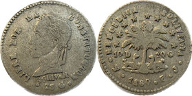 Moneda Republicana. Bolivia. ½ Sol. 1860. F.J. Potosí. Anv: Busto del Libertador Simón Bolívar mirando hacia la izquierda; BOLIVAR / LIBRE POR LA / CO...