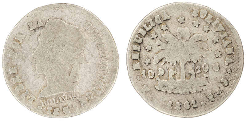 Moneda Republicana. Bolivia. ½ Sol. 1861. F.J. Potosí. Anv: Busto del Libertador...