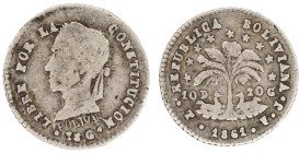 Moneda Republicana. Bolivia. ½ Sol. 1862. F.J. Potosí. Anv: Busto del Libertador Simón Bolívar mirando hacia la izquierda; BOLIVAR / LIBRE POR LA / CO...