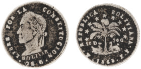 Moneda Republicana. Bolivia. ½ Sol. 1865. F.P. Potosí. Anv: Busto del Libertador Simón Bolívar mirando hacia la izquierda; BOLIVAR / LIBRE POR LA / CO...